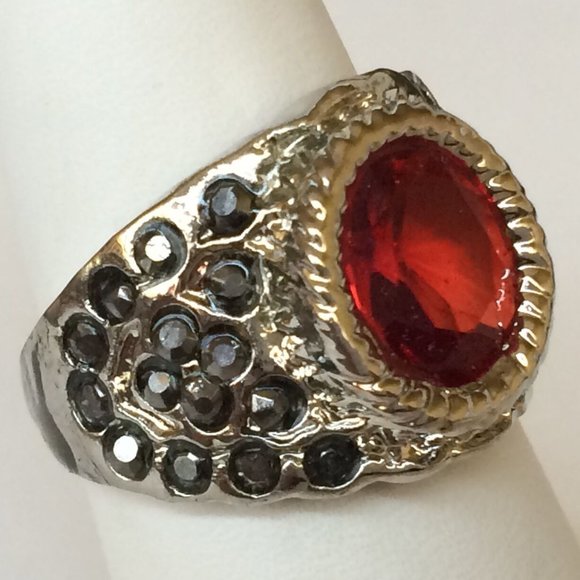 Vintage Silver Art Deco Boho Ruby Cocktail Ring Size 7 8 Plated Red Stone - Picture 4 of 10